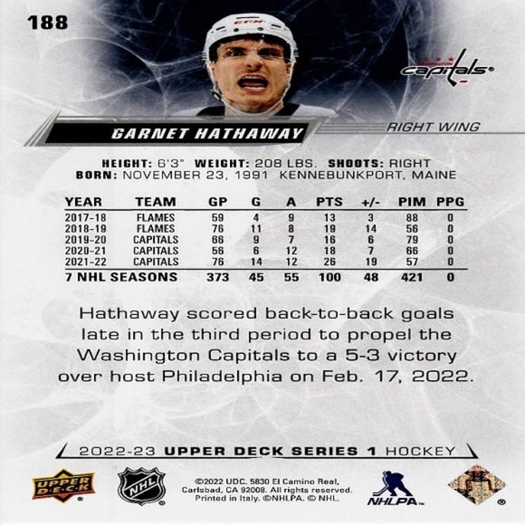 Garnet Hathaway (Capitals) 2022/2023 Upper Deck Series 1 Hockey Card-Number 188 - Picture 2 of 2